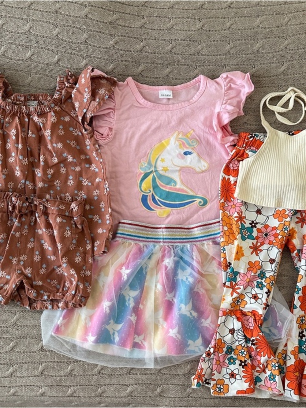 EUC 6pc Baby Girl Outfit Set, Retro Prints & Unicorn Tutu, 24 Mo